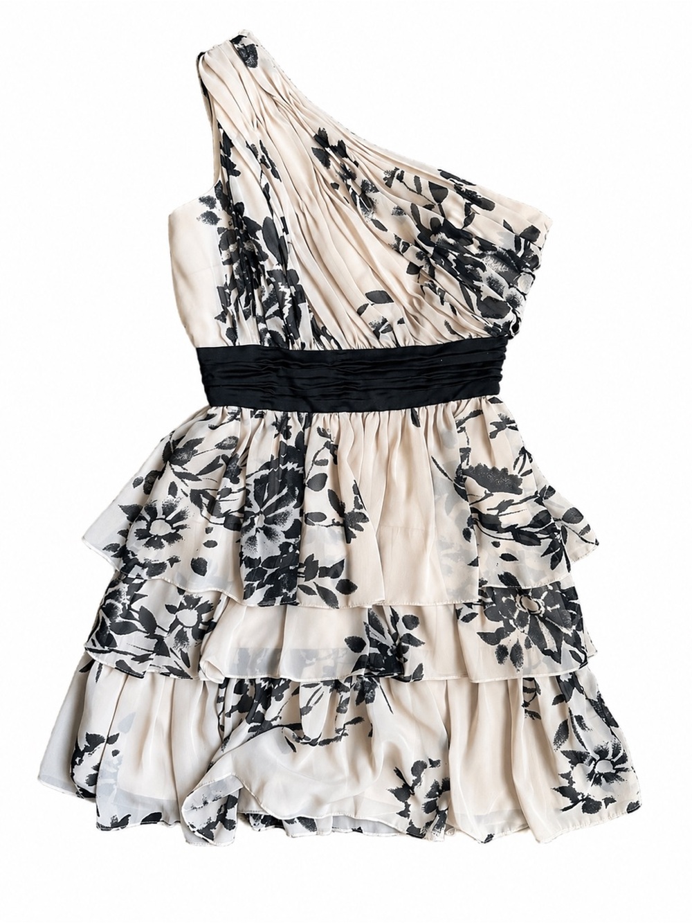 Max‎ & Cleo Women’s Size 2 One Shoulder Floral Chiffon Dress Beige Black Ruffle